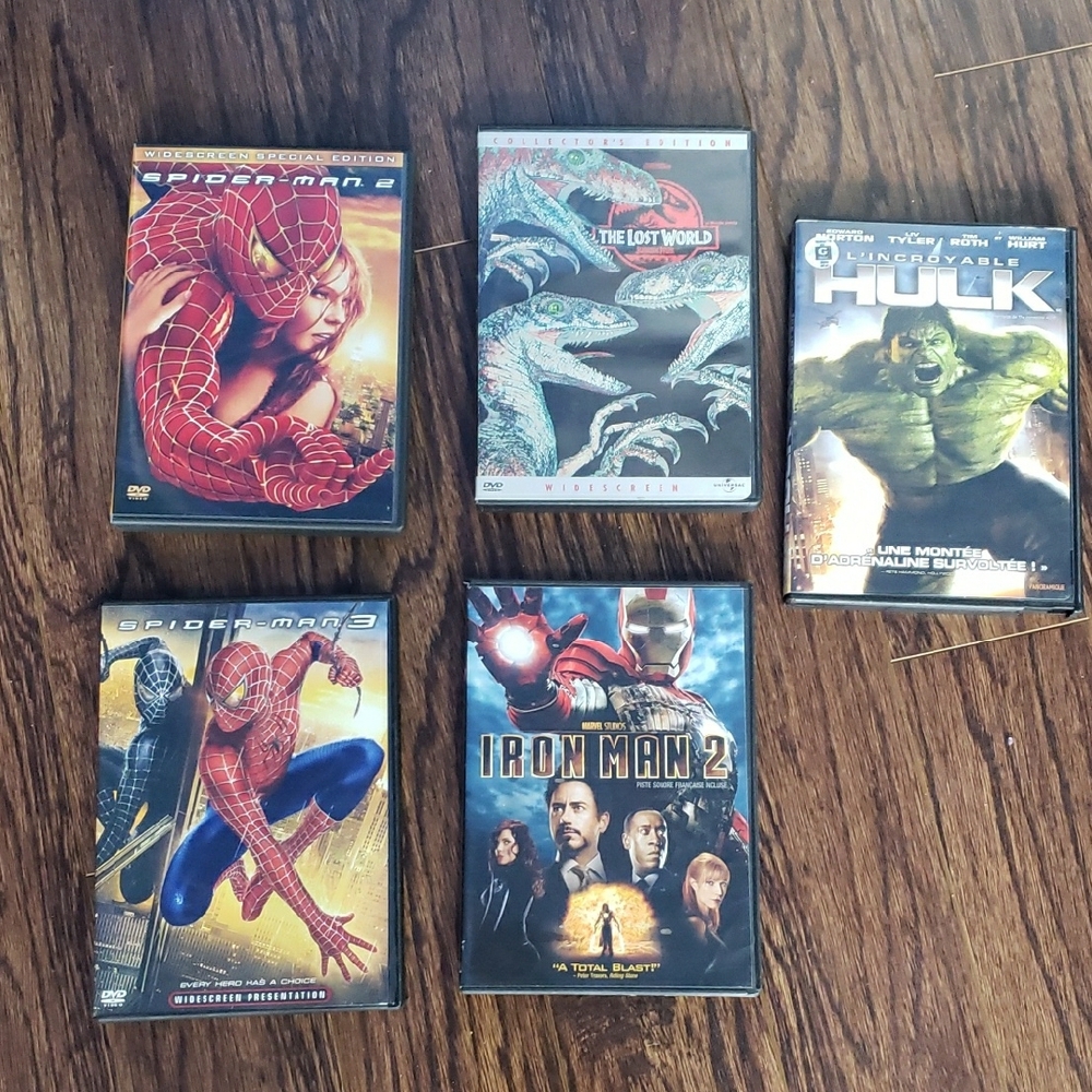 Marvel DVD Spiderman 2 &3 Hulk Iron Man 2 & Jurassic Park Bundle English French